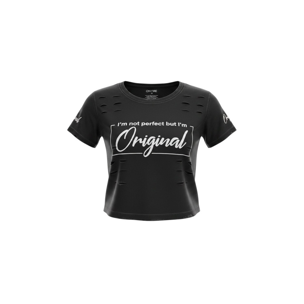 On Fire Graphic Crop Top Womens M Black Distressed Ripped Cotton Shirt